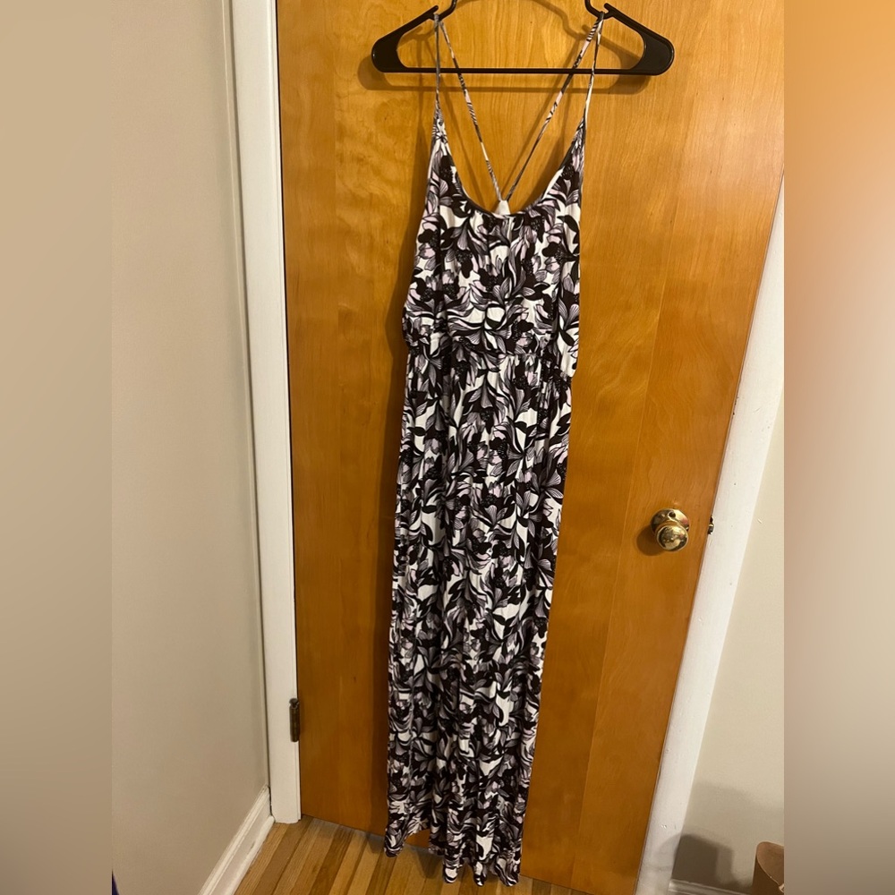 LOFT flowy white & purple floral maxi dress spaghetti strap size L like new EUC